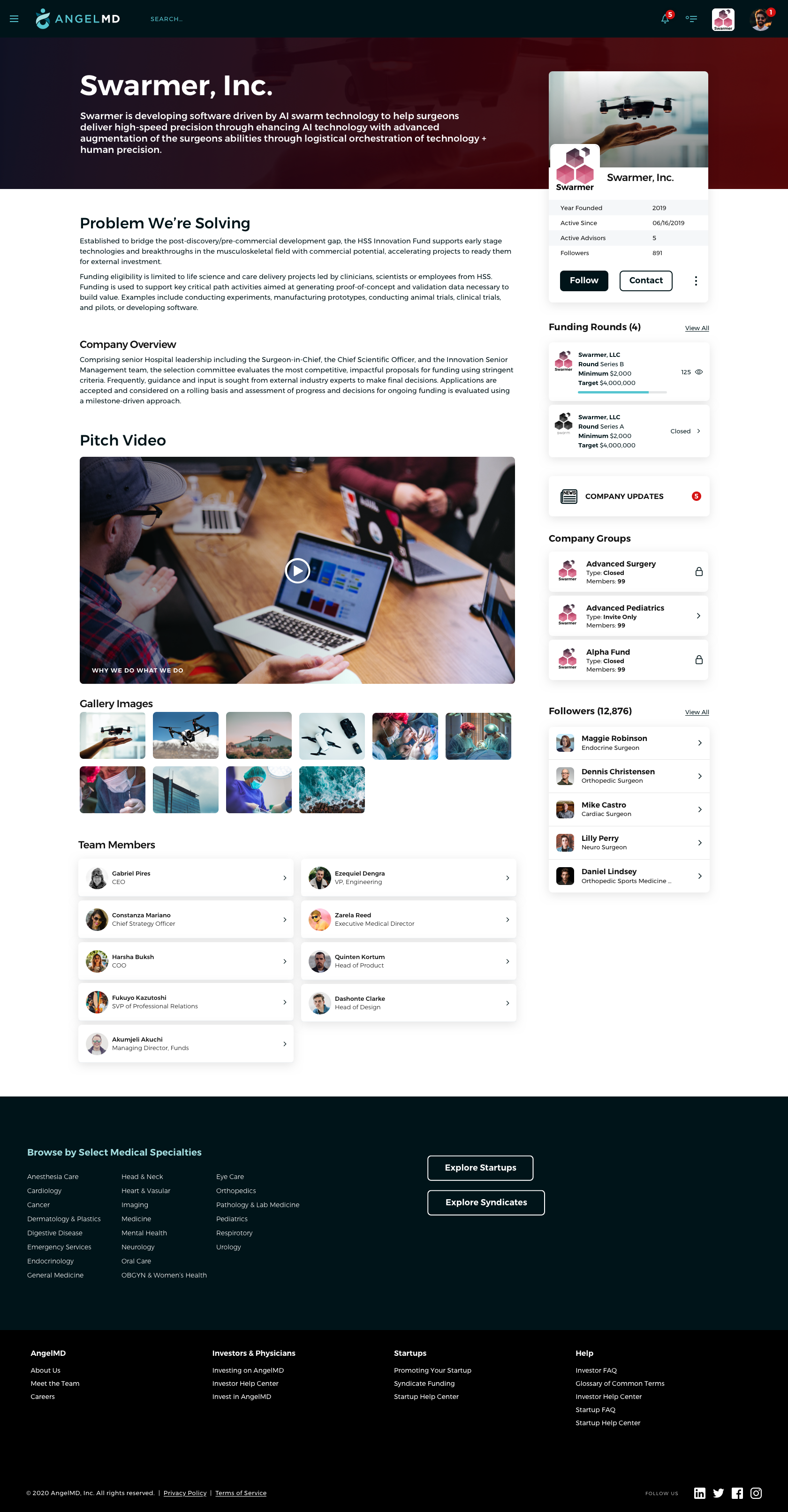 Swarmer company profile page with funding rounds, team, gallery, and company groups