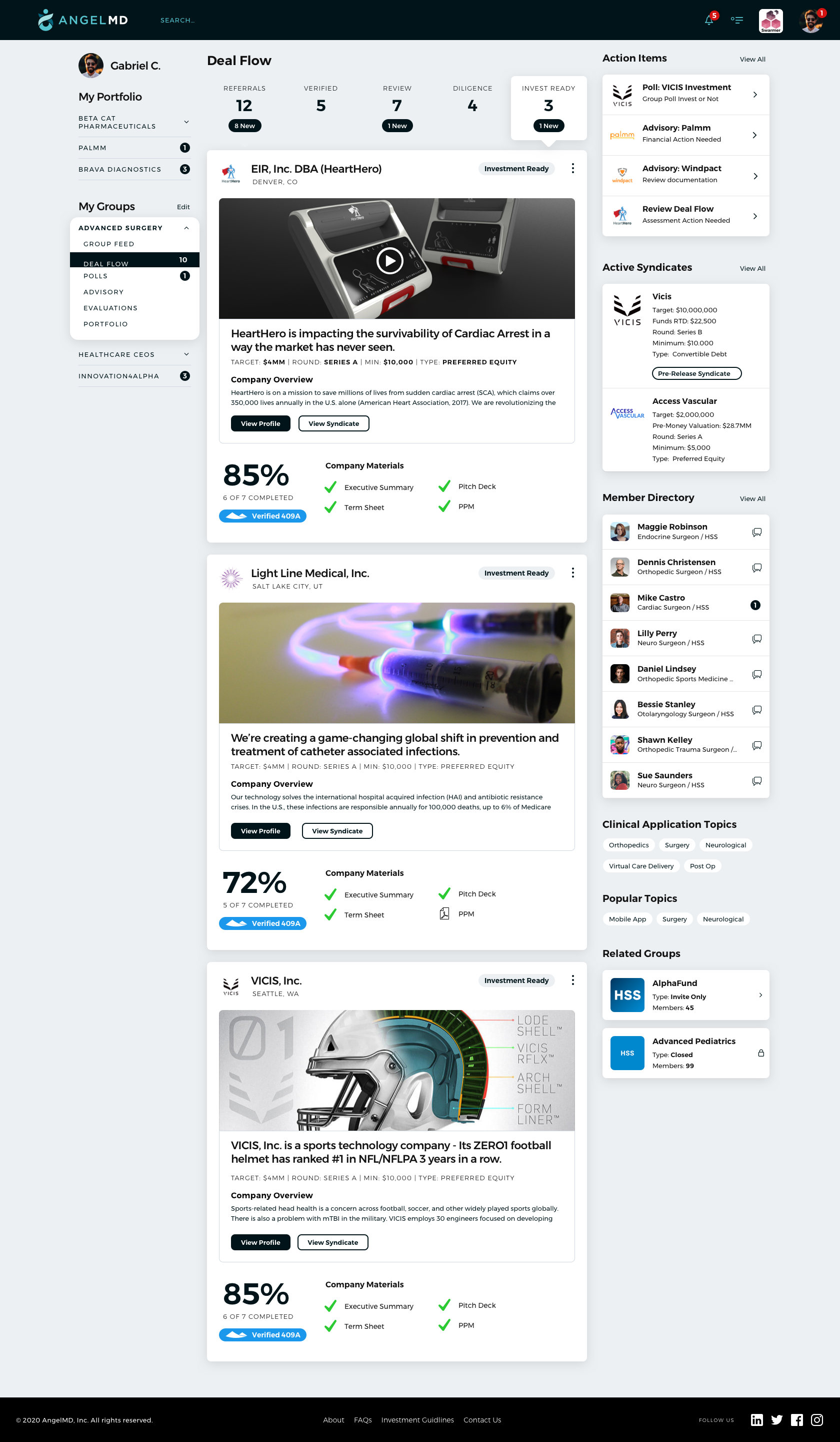 AngelMD deal flow — Invest Ready stage with HeartHero, Light Line Medical, VICIS