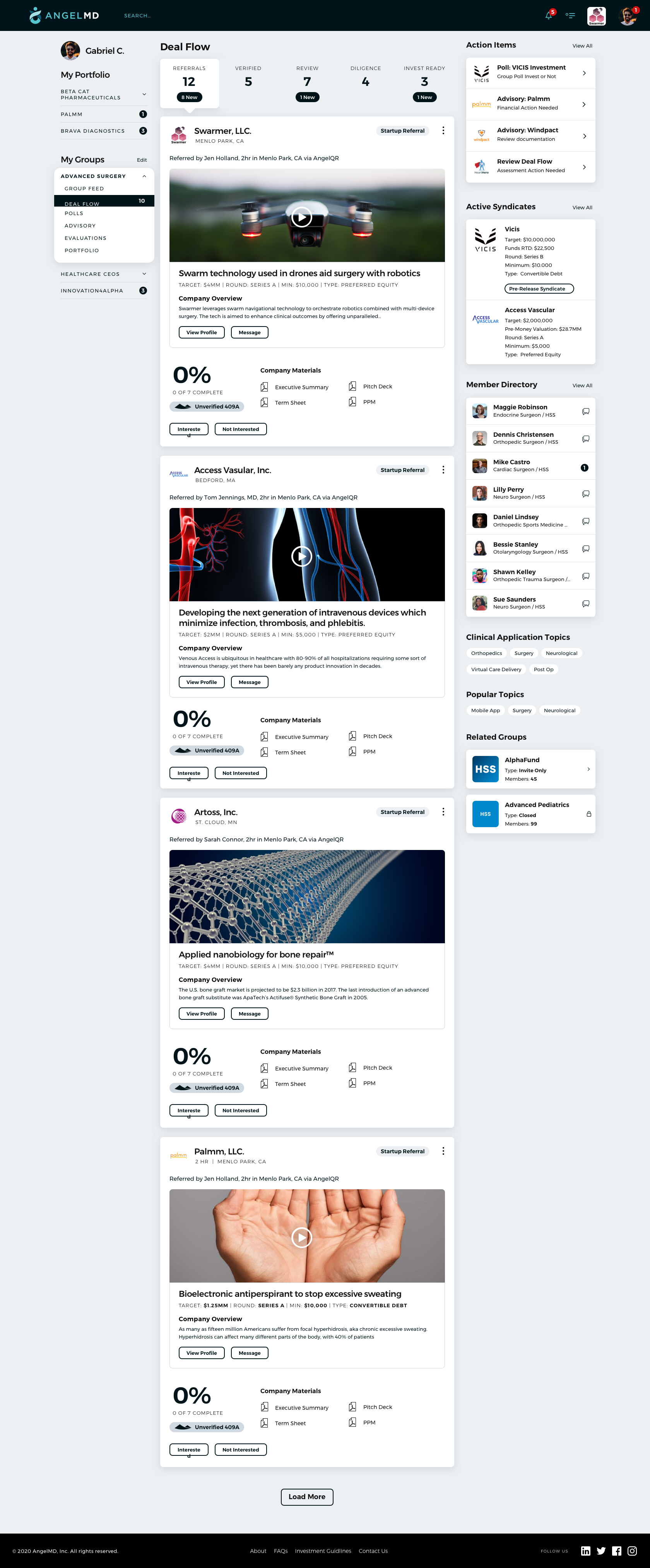 AngelMD deal flow — Referrals stage with startup referral cards