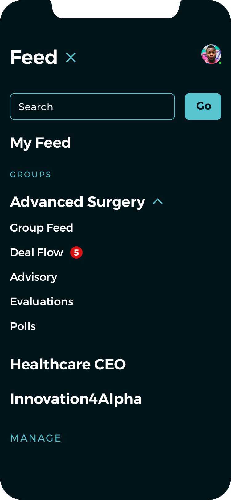 Mobile menu — groups navigation