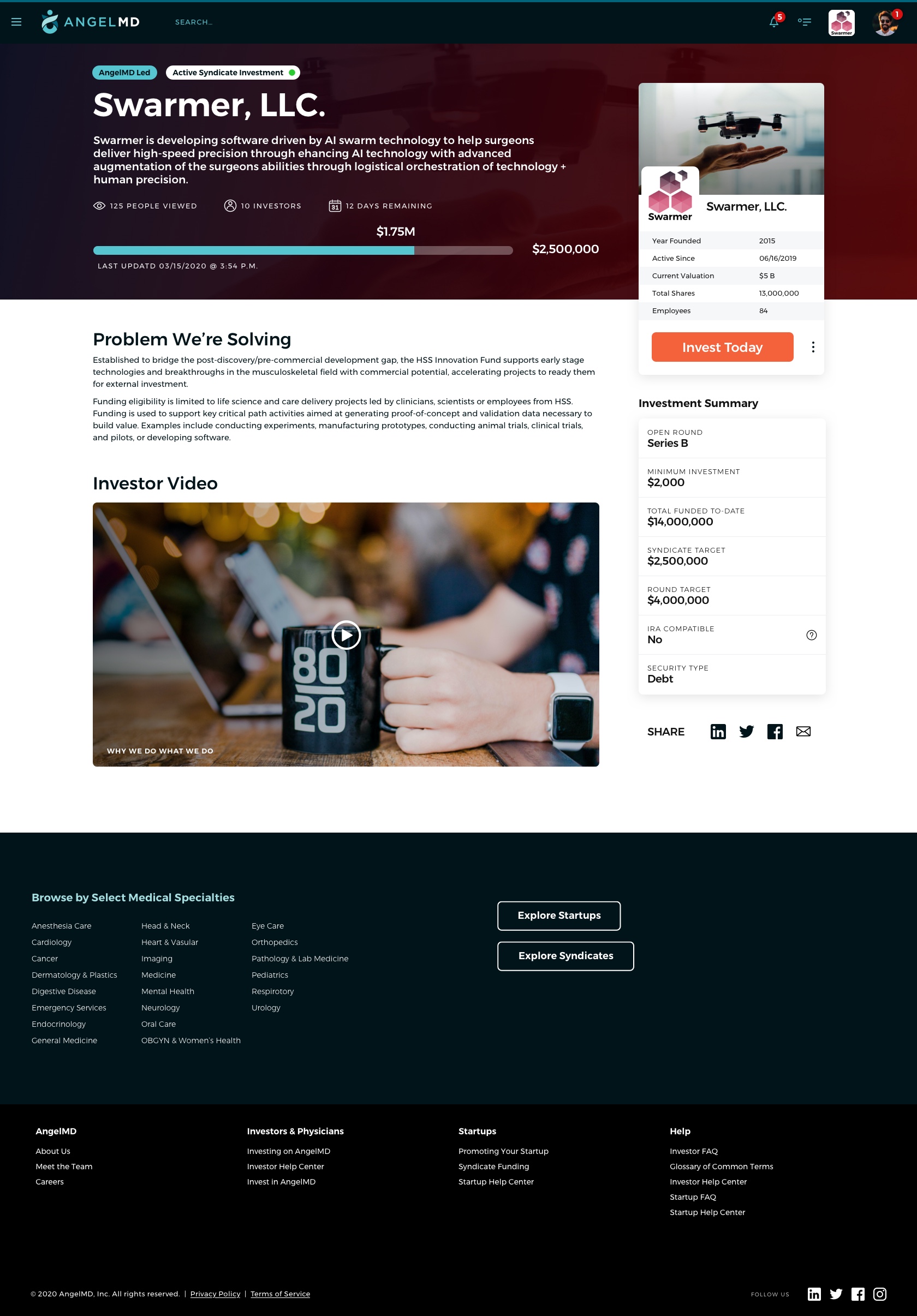 Swarmer LLC — Active Syndicate Investment, $1.75M of $2.5M raised