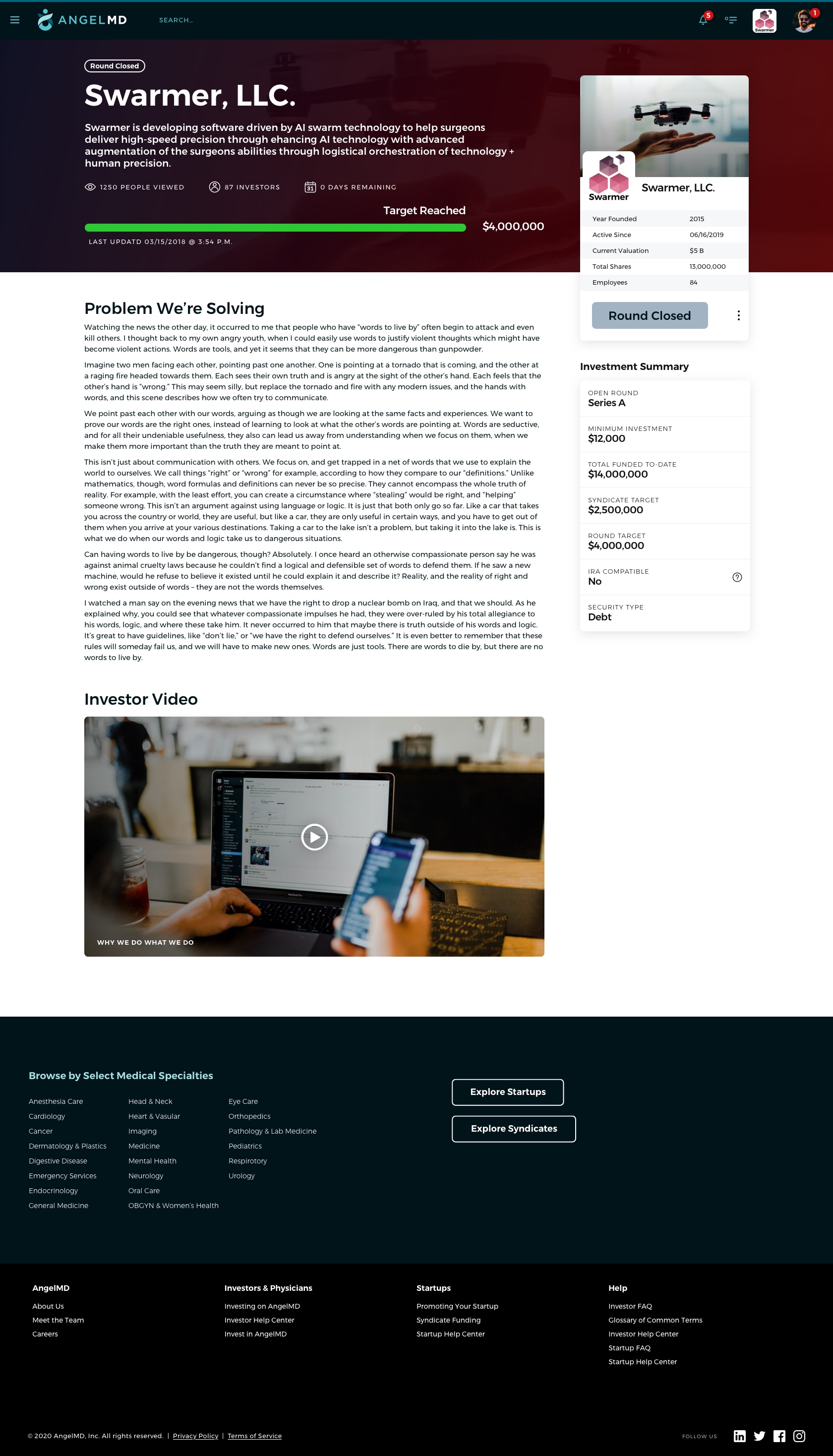 Swarmer LLC — Round Closed, $4M target reached