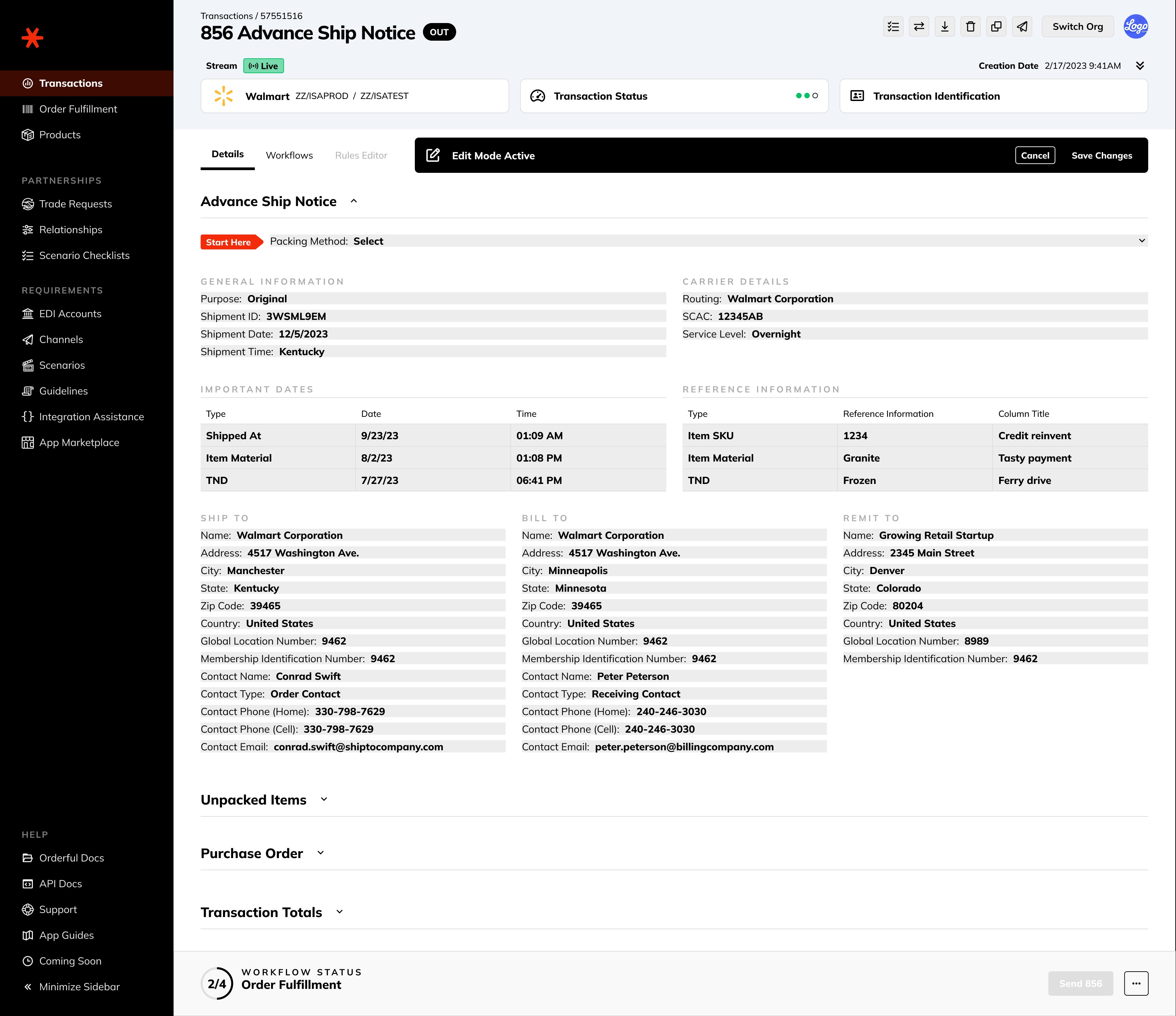 856 Advance Ship Notice — WebEDI document creation