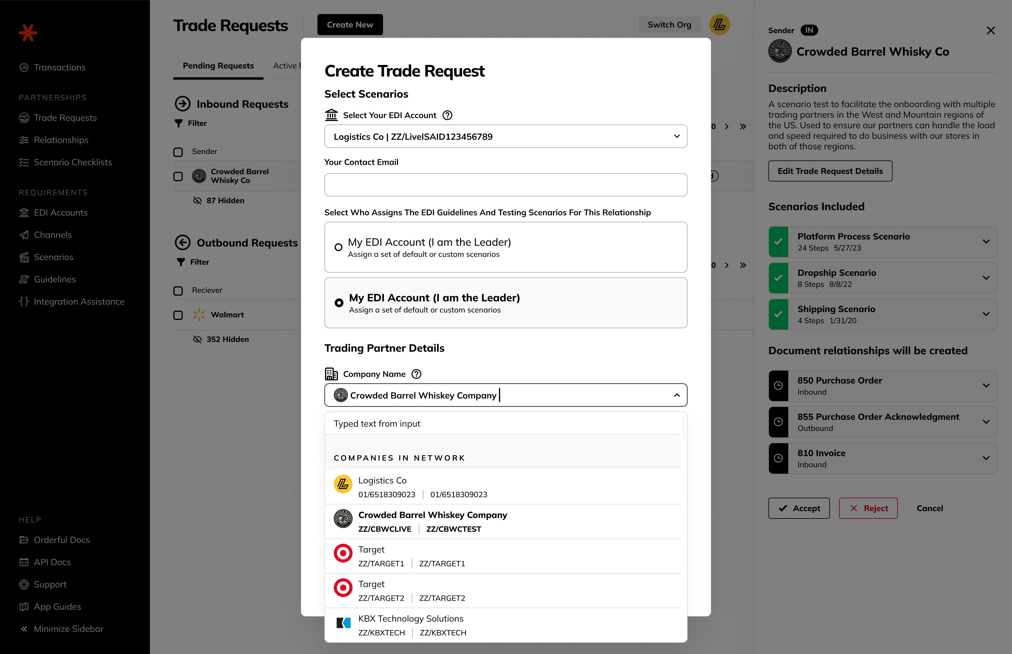 Create Trade Request modal — company search with ISA IDs