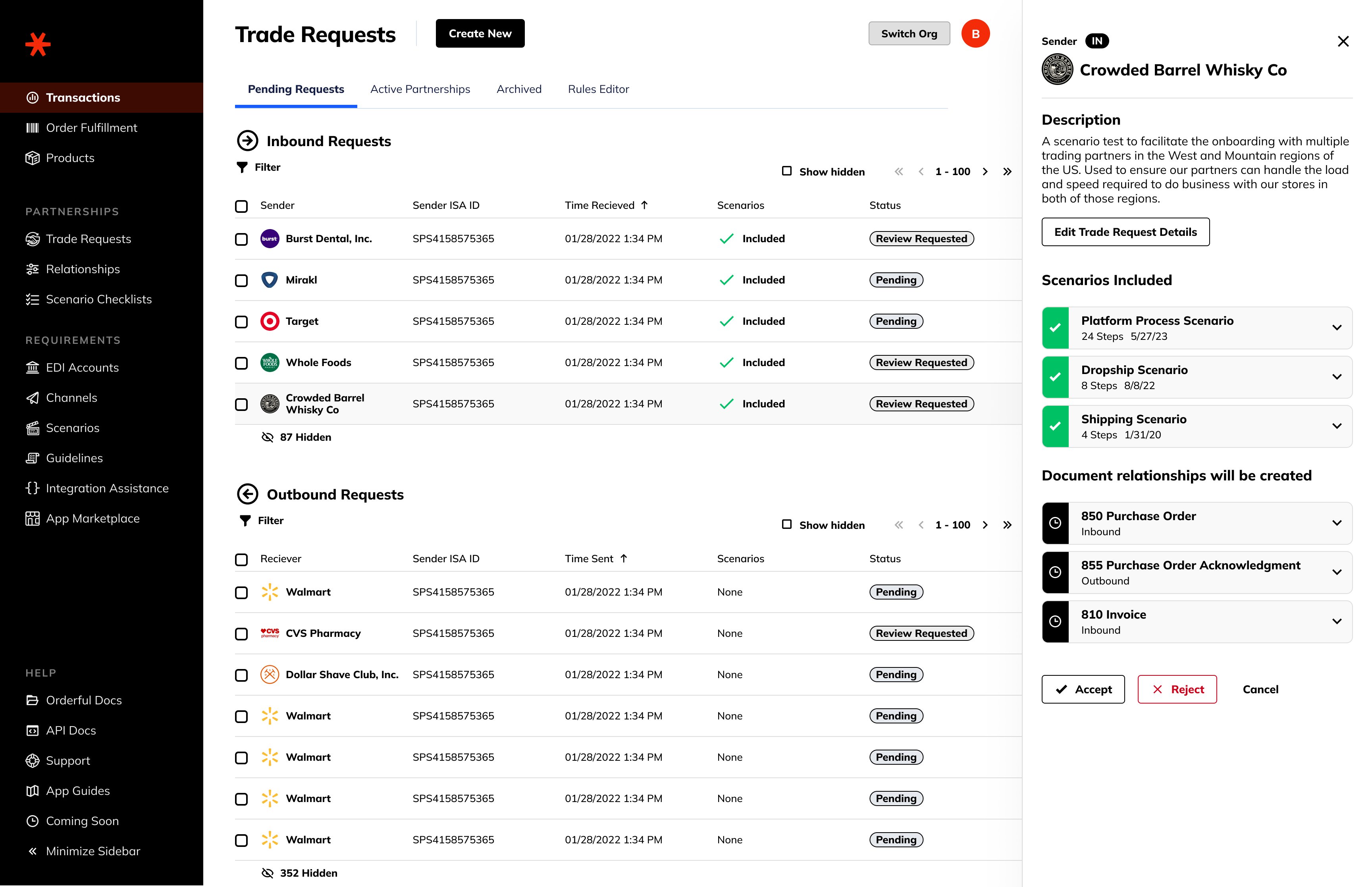Trade Requests — sidepanel with scenarios
