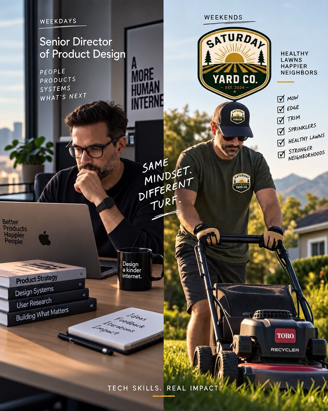 Weekdays: Senior Director of Product Design. Weekends: Saturday Yard Co.